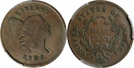1795 Liberty Cap Half Cent. C-2a. Rarity-3. Lettered Edge, Punctuated Date. Fine-15 (PCGS).
Medium cordovan-brown in the fields with subtle olive col...