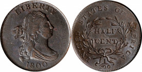 1800 Draped Bust Half Cent. C-1, the only known dies. Rarity-1. AU-58 (PCGS). CAC.
A smooth and satiny half cent with a soft and lustrous underglow t...