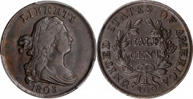 1803 Draped Bust Half Cent. C-1. Rarity-1. AU-55 (PCGS).
An attractive and fairly hard-surfaced deep rose-brown specimen with soft underlying luster ...