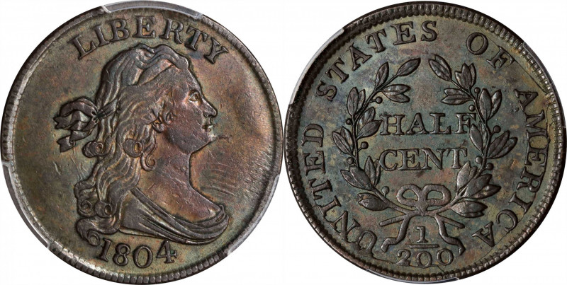 1804 Draped Bust Half Cent. C-6. Rarity-2. Spiked Chin. AU-55 (PCGS).
The rever...