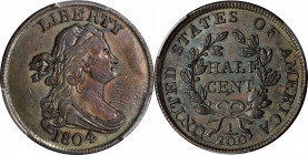 1804 Draped Bust Half Cent. C-6. Rarity-2. Spiked Chin. AU-55 (PCGS).
The reverse die is in one of the earlier known stages, missing the heavy cuds t...
