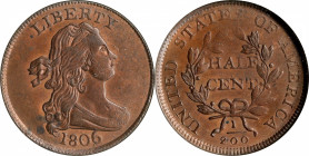 1806 Draped Bust Half Cent. C-4. Rarity-1. Large 6, Stems to Wreath. MS-63 BN (NGC). OH.
This handsome piece is boldly toned in a blend of deep autum...
