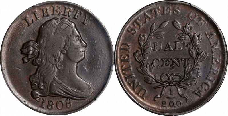 1808 Draped Bust Half Cent. C-3. Rarity-1. AU-50 (PCGS).
Medium brown with area...