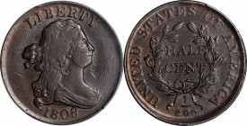 1808 Draped Bust Half Cent. C-3. Rarity-1. AU-50 (PCGS).
Medium brown with areas of dark mint red in selected design recesses. Choice eye appeal, som...