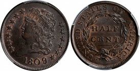 1809/'6' Classic Head Half Cent. C-5. Rarity-1. 9/Inverted 9. MS-64 BN (PCGS). CAC.
Smooth, tight surfaces exhibit a desirable satin to softly froste...