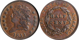 1811 Classic Head Half Cent. C-2. Rarity-3-. Close Date. VF-35 (ANACS). OH.
Otherwise antique copper surfaces exhibit lighter autumn-brown patina ove...