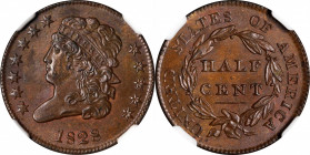 1828 Classic Head Half Cent. C-2. Rarity-2. 12 Stars. MS-64 BN (NGC).
One of the best known varieties of the denomination, here offered in lovely con...