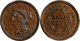 1850 Braided Hair Half Cent. C-1, the only known dies. Rarity-2. AU-55 (PCGS). CAC.
Boldly struck with virtually unabraded surfaces and very little r...