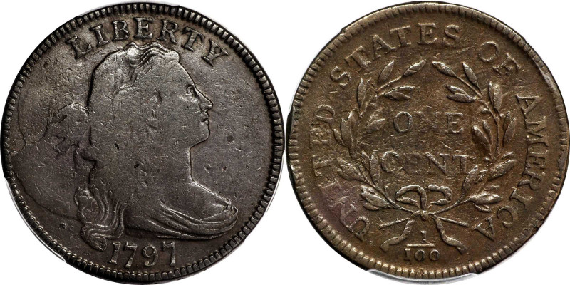 1797 Draped Bust Cent. S-121B. Rarity-3. Reverse of 1795, Gripped Edge. Fine-15 ...