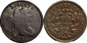1797 Draped Bust Cent. S-121B. Rarity-3. Reverse of 1795, Gripped Edge. Fine-15 (PCGS).
This generally smooth copper-brown example has plenty of good...