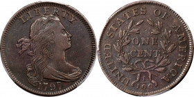1797 Draped Bust Cent. S-128. Rarity-3. Reverse of 1797, Stems to Wreath. EF-40 (PCGS).
Rich olive-copper patina blankets both sides of this satiny a...