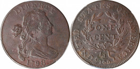 1798 Draped Bust Cent. S-165. Rarity-4. Style II Hair. VF-35 (PCGS).
A remarkable grade level for this, one of the more challenging of the many die v...