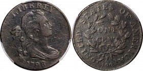 1798 Draped Bust Cent. S-180. Rarity-5+. Style II Hair. VF Details--Environmental Damage (PCGS).
Quite nice for this challenging variety, one that te...