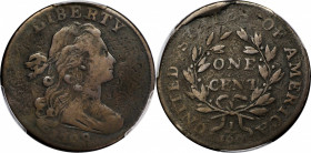 1798 Draped Bust Cent. S-180. Rarity-5+. Style II Hair. VG Details--Environmental Damage (PCGS).
A pleasing example of this rare 1798 variety with an...