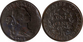 1798 Draped Bust Cent. S-187. Rarity-1. Style II Hair. EF-40 (NGC).
Smooth medium-brown surfaces possess excellent eye appeal thanks to their even co...