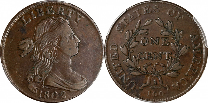 1802 Draped Bust Cent. S-231. Rarity-1. Stemless Wreath. EF-45 (PCGS).
The smoo...