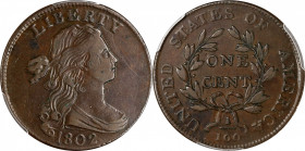 1802 Draped Bust Cent. S-231. Rarity-1. Stemless Wreath. EF-45 (PCGS).
The smooth and glossy surfaces of this lovely example are blanketed in rich ch...