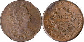 1806 Draped Bust Cent. S-270, the only known dies. Rarity-1. MS-62 BN (NGC).
A rare Mint State example of one of the semi-key dates of the Draped Bus...