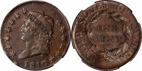1810 Classic Head Cent. S-284. Rarity-3. EF-45 BN (NGC).
Impressive quality for the date or type collector, as the color is just right with deeper br...