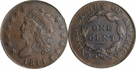 1811 Classic Head Cent. S-287. Rarity-2. VF-20 (PCGS). OGH.
Deep copper patina with intermingled steel-olive and a blush of pale rose overall. A touc...