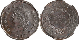 1814 Classic Head Cent. S-294. Rarity-1. Crosslet 4. MS-62 BN (NGC).
A well struck example of this popular variety, the most available year of the 18...