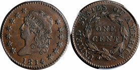 1814 Classic Head Cent. S-294. Rarity-1. Crosslet 4. EF-40 (PCGS).
This is a handsome example bathed in even chocolate-brown patina. Boldly defined f...