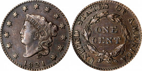 1821 Matron Head Cent. N-2. Rarity-1. EF-45 BN (NGC).
Pleasing dark brown and steel with smooth surfaces. A nice example of the date, one of the more...