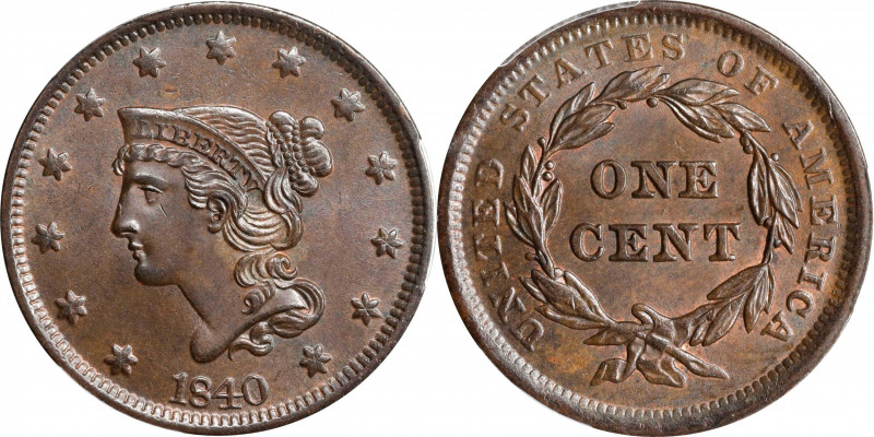 1840 Braided Hair Cent. N-5. Rarity-1. Large Date. MS-64 BN (PCGS).
Lustrous me...