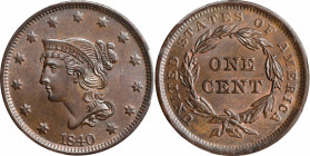 1840 Braided Hair Cent. N-5. Rarity-1. Large Date. MS-64 BN (PCGS).
Lustrous medium-brown and steel with traces of mint red outlining some of the rev...