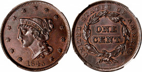 1843 Braided Hair Cent. N-2, 7. Rarity-1. Petite Head, Small Letters. MS-65 BN (NGC).
Traces of original brick-red and gold color outline portions of...