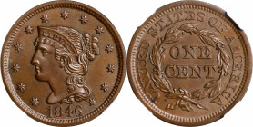 1846 Braided Hair Cent. N-14. Rarity-2. Tall Date. MS-65 BN (NGC).
A high-grade specimen of a popular Guide Book variety. Good cartwheel luster on me...