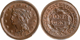 1848 Braided Hair Cent. N-36. Rarity-5. MS-62 BN (PCGS).
A remarkable example of this distinctive and rare Newcomb number, one of the most crudely pr...