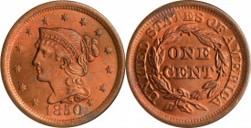 1850 Braided Hair Cent. N-7. Rarity-2. MS-65 RD (NGC).
Frosty bright reddish-pink surfaces deliver plenty of eye appeal. Glints of iridescent powder ...