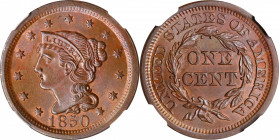 1850 Braided Hair Cent. N-17. Rarity-4. MS-65 BN (NGC).
Flashy surfaces with bold cartwheel luster and peeps of bright mint red at the obverse stars ...