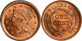 1854 Braided Hair Cent. N-8. Rarity-1. MS-65 RD (PCGS).
This handsome Gem is ideally suited for inclusion in a high quality type set. It is aglow wit...