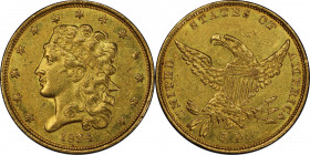 1834 Classic Head Half Eagle. HM-3. Rarity-2. Plain 4. AU-58 (PCGS).
A lustrous and frosty near-Mint example of this perennially popular first year C...