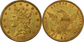 1835 Classic Head Half Eagle. HM-2. Rarity-3. MS-62 (PCGS).
Fully original surfaces exhibit a bold blend of deep gold and honey-apricot. The texture ...