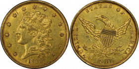 1836 Classic Head Half Eagle. HM-1. Rarity-6. AU-58 (PCGS). CAC.
Lovely greenish-gold surfaces retain nearly complete luster in a frosty texture. The...