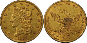 1837 Classic Head Half Eagle. HM-2. Rarity-3+. Block 8, Broken Arrow. AU-58 (PCGS). CAC.
Handsome honey-apricot surfaces are near-fully lustrous with...