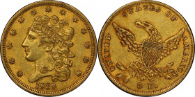 1838 Classic Head Half Eagle. HM-1. Rarity-3. Center Dot, Broken Arrow. AU-58 (PCGS).
Frosty deep orange-gold surfaces are predominantly smooth and a...