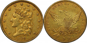 1838-C Classic Head Half Eagle. HM-1, Winter-1. Rarity-4+. EF Details--Wheel Mark (PCGS).
With dominant color in warm honey-olive and plenty of sharp...