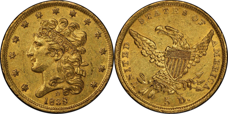 1838-D Classic Head Half Eagle. HM-1, Winter 1-A, the only known dies. Rarity-3....