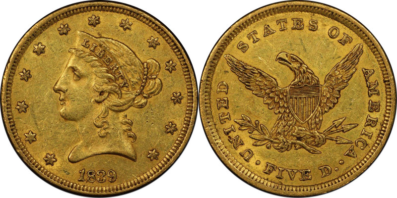 1839 Liberty Head Half Eagle. AU-58 (PCGS). CAC.
A lovely orange-olive example ...