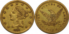 1839-D Liberty Head Half Eagle. Winter 2-A. VF Details--Wheel Mark (PCGS).
Soft olive-honey color blankets surfaces that are impressively smooth over...