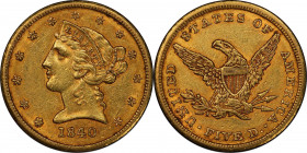 1840 Liberty Head Half Eagle. AU-58 (PCGS).
Frosty honey-orange surfaces with a well executed, overall bold strike. A touch of glossiness to the text...