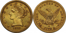 1841-C Liberty Head Half Eagle. Winter-1, the only known dies. EF Details--Wheel Mark (PCGS).
Predominantly original surfaces exhibit pleasing deep h...