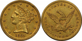 1841-D Liberty Head Half Eagle. Winter 5-D. Die State I. Repunched Date, Small D. AU-53 (PCGS). CAC.
Lovely golden-olive surfaces with tinges of pale...