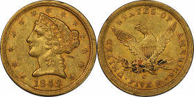 1842-C Liberty Head Half Eagle. Large Date. Winter-1, the only known dies. Die State II. AU Details--Wheel Mark (PCGS).
Handsome, original color in h...