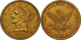 1842-D Liberty Head Half Eagle. Winter 7-E, the only known dies. Small Date, Small Letters. AU-55 (PCGS). CAC.
Blushes of reddish-rose enhance richly...