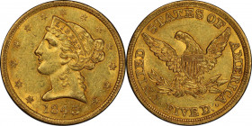 1843 Liberty Head Half Eagle. AU-58. (PCGS). CAC.
Frosty surfaces are faintly semi-prooflike in the fields. Near-fully lustrous with razor sharp stri...